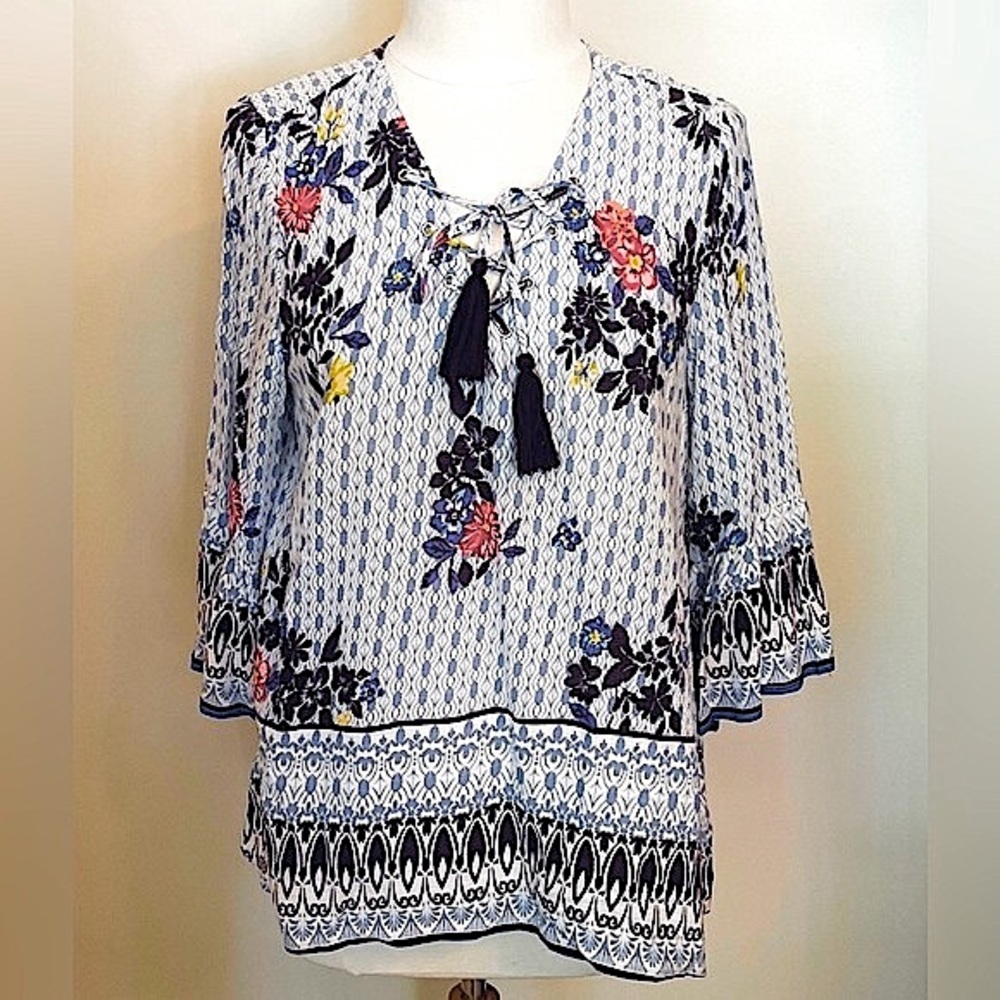 JohnPaulRichard Blue Red Floral SZ Cottagecore Boho Hippie Chic Folk Style Top